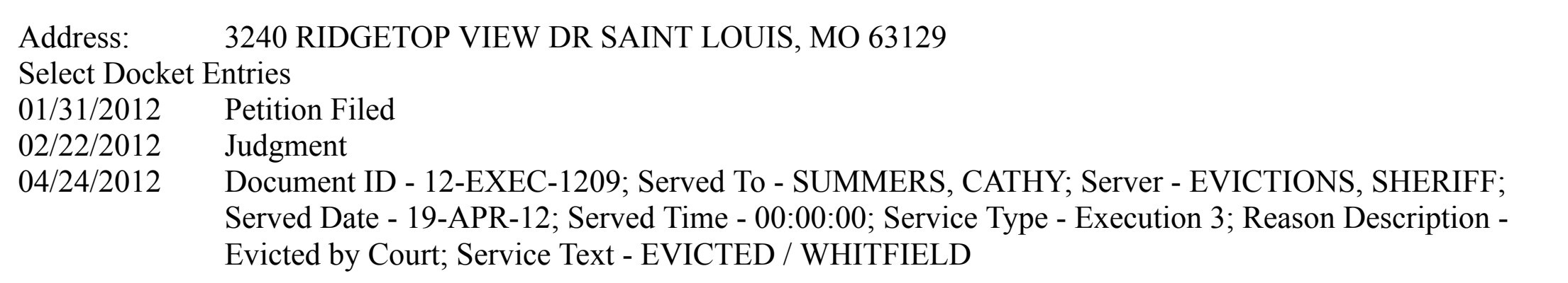 Court docket entry showing 04/24/2012 Evicted by Court, served by the Sheriff's evictions unit