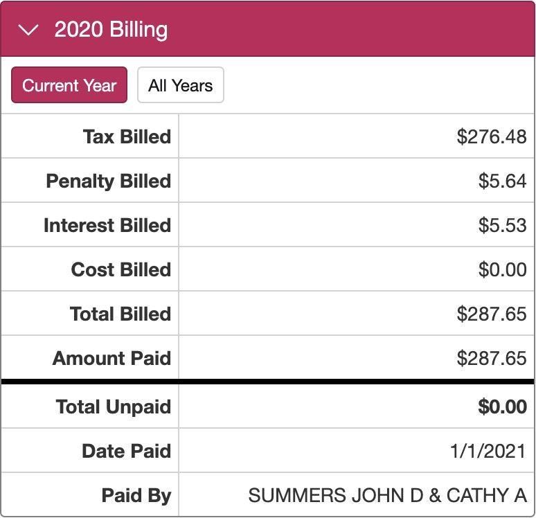 St. Louis County 2020 tax billing showing $5.64 penalty and $5.53 interest, paid January 1, 2021